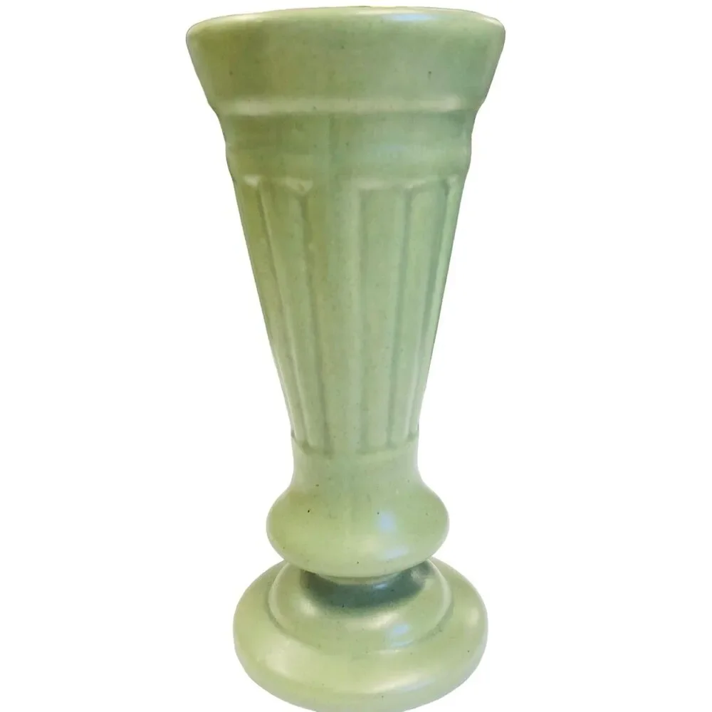 Vintage Haeger Pottery Arts & Crafts Light Green Vase 9 Inch Fluted 3.75 in Diam